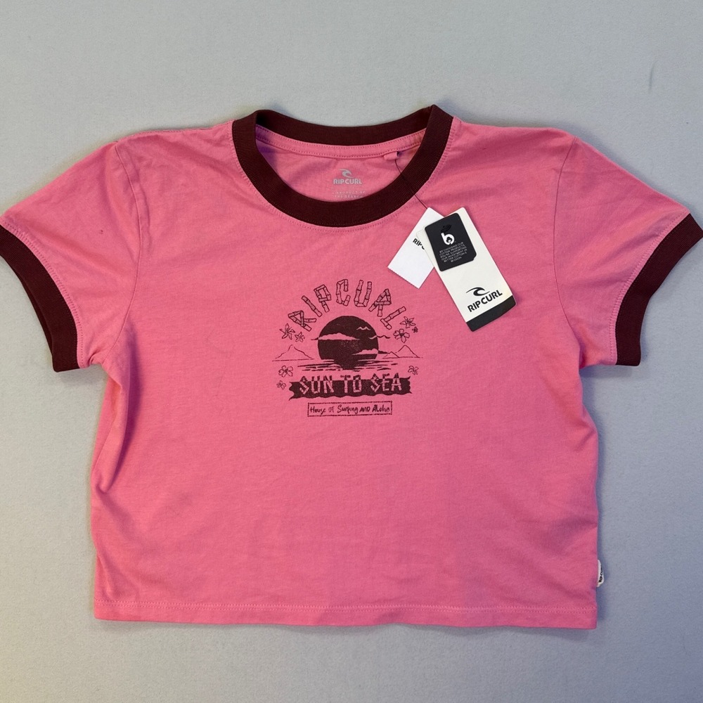 Rip Curl Sun to Sea Pink Graphic Ringer Crop Tee Shirt 0DQWTE Womens Small NWT